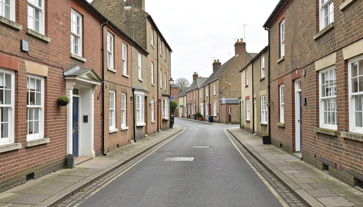 Hertfordshire market town high street with brick buildings, documentary feel