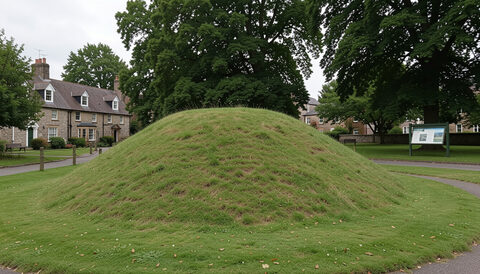 Grassy earthwork mound in a small town park, information board, overcast light