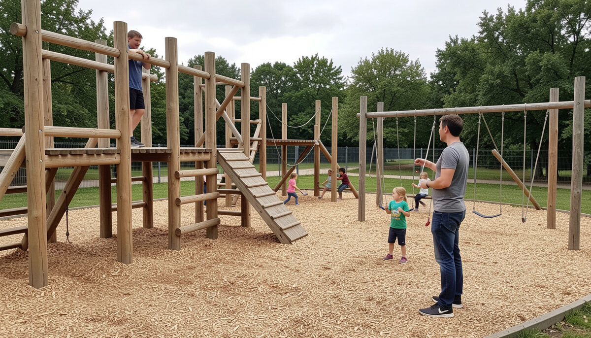 Adventure playground timber structures and bark surfacing, children playing
