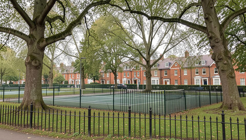 Suburban London park with tennis courts and mature oaks behind railings